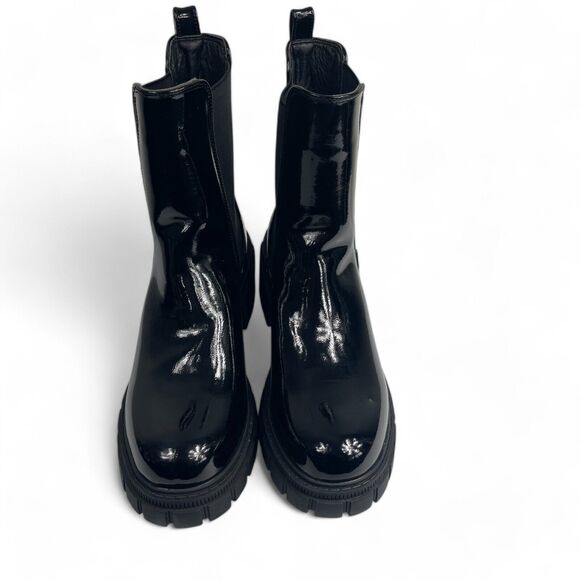 Black Patent Vegan Pull On Boots 10 Chunky Platform Gothic Fairy Grunge Rain - Picture 3 of 7